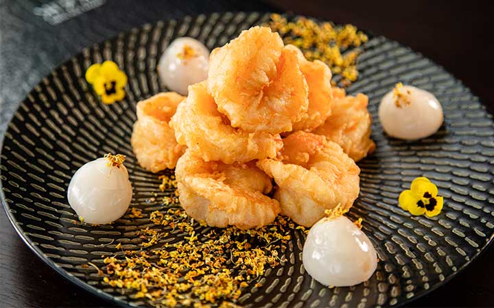 Crispy Prawns with Lychee and Sweet Osmanthus