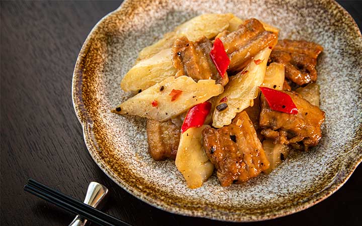 Wok-fried Japanese Kagoshima Pork Belly with White Bitter Melon